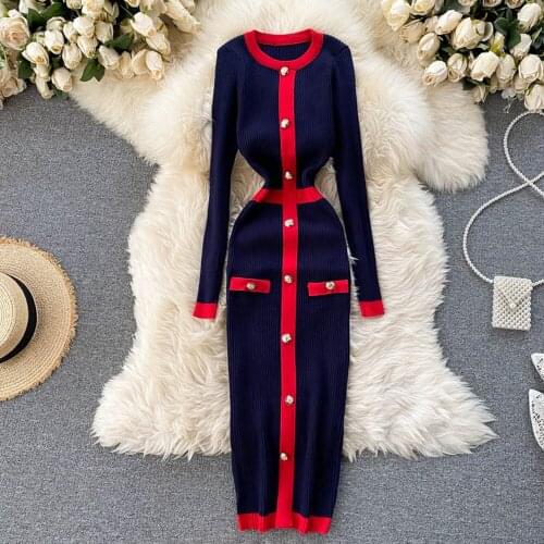 2021 Korean Warm Knitted Dress Women O Neck Long Sleeve Bodycon Pencil Dress Autumn Winter Fashion Slim Streetwear Dresses