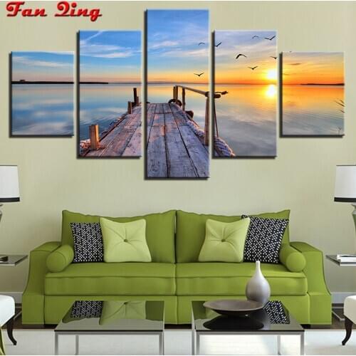 5 pcs Full Square/Round Drill 5D DIY Diamond Painting "Sunset bridge scenery" Embroidery Cross Stitch 5D Home Decor