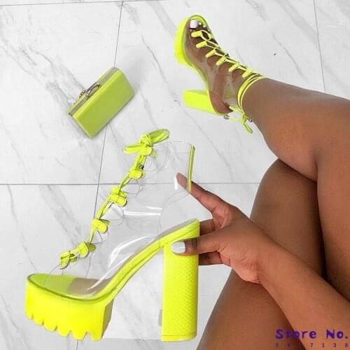 Women Ankle Boots Lace Up High Heels Peep Toe Cut Out Sandals Clear Candy Shoes Transparent PU Booties Woman Mujer ZapatosHP2402