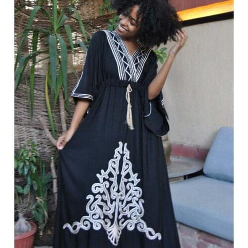 Embroidery Black Cotton Beach Cover up Pareos Dress Over size V- neck Sarong Swimsuit Cover up Boho Dress Robe Plage Beachwear