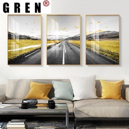 GREN Road Golden Flower Bird Crops Pictures Canvas Paintings Wall Art Landscape Posters Prints Living Room Home Decoration