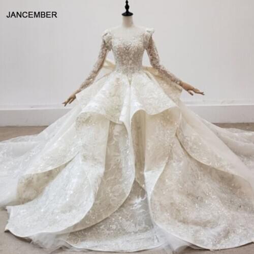 HTL2077 Sexy V-Neck Ball-Gown Beaded Crystal Luxury Sequined Wedding Dress 2021 Lace Up Back Long Sleeve