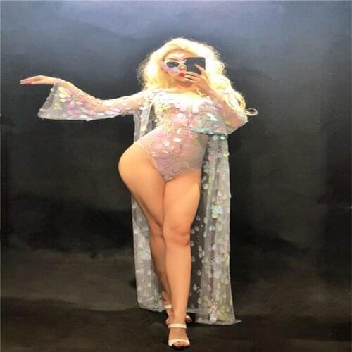 K18 Colored sequins perspective cloak belly dance costumes ballroom stage wears bodysuit dj singer jumpsuit performance outfits