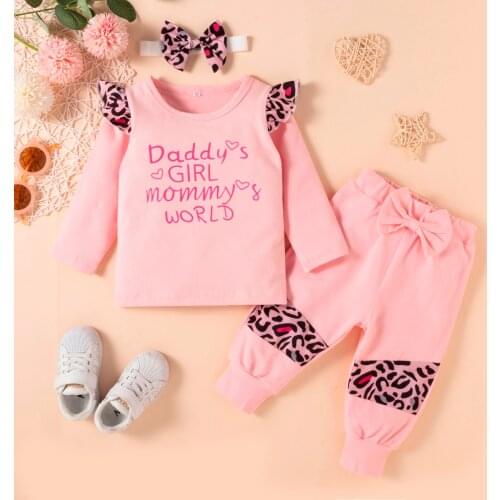 New Toddler Infant Baby Girls Clothes Letter Leopard Print Top +Bow Pants Set Baby Outfits Fall Girl Clothing 6 12 18 24 Months