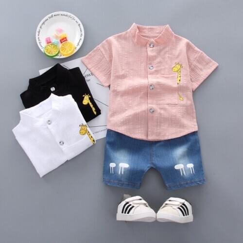 Summer Kids Sets Boys Girls Fashion Cotton Suit Giraffe Print Tops + Denim Shorts Two-piece Sets Childrens Clothing