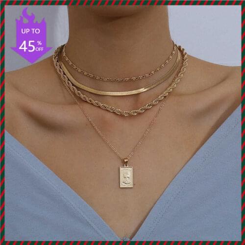IngeSight.Z 4Pcs/Set Multi Layer Twisted Metal Rope Chain Choker Necklace Vintage Carved Coin Portrait Pendant Necklaces Jewelry