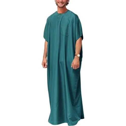 Jubba Thobe Men Islamic Arabic Kaftan Solid Short Sleeve Loose Retro Robes Abaya Middle East Muslim Clothing Plus Size