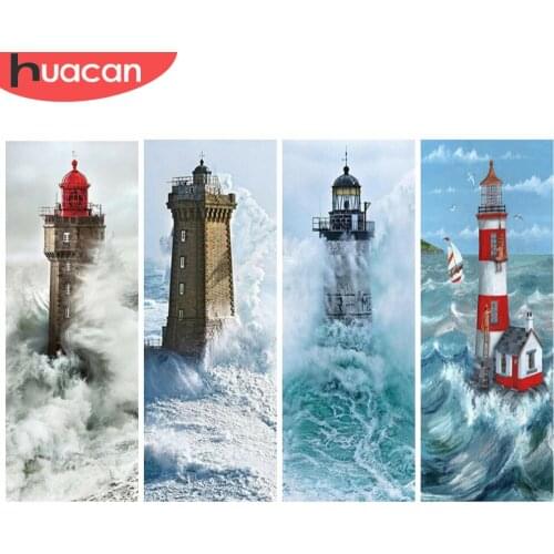 HUACAN DIY Diamond Painting Seaside Full Square Diamond Embroidery Landscape Lighthouse Rhinestone Of Picture Cross Stitch Decor