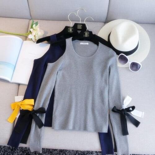 2021 autumn and winter new slim slimming knitted sweater cuffs webbing pullover blouse strapless sweater women