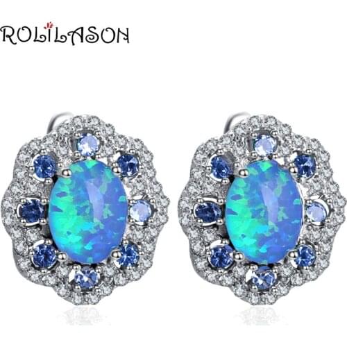 Flower design Wholesale & Retail Zirconia Blue Fire Opal Silver Stamped Clip Earrings Fashionl Jewelry*Opal Jewelry OE727