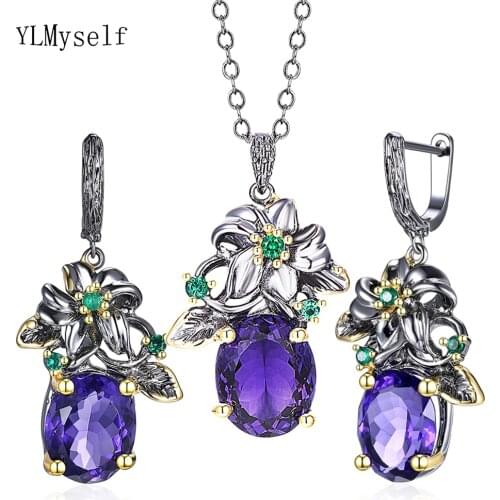 Flower Necklace/Earrings 2pcs Set With Big Oval Purple Zircon Stones Jewelry Leaf Jewellery for Women