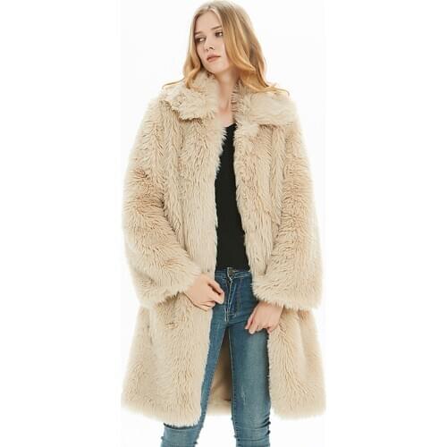 New women fashion long faux fur coat turn-down collar thick oversized coat