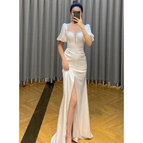 2021 Lantern Sleeve Square Neck Backless Soft Satin Sheath Slit Slim Simple Plain Wedding Dress Bride Gown Vestidos De Novia