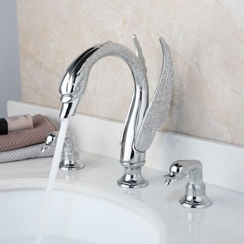 Luxury Chrome Swan Spout 3 Holes 2 Handles Basin Bathtub Mixer Taps Brass Faucet