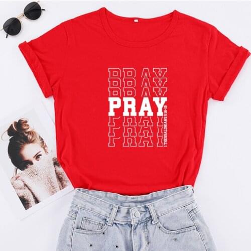 Pray Letter Printed Women T-shirts Cotton Plus Size Graphic Tee Shirt Red Color Tops Christian Religious Clothes Dropshipping