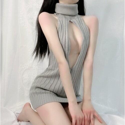 Sexy Backless Women Sweaters Lingerie Grey Turtleneck Sleeveless Long Virgin Killer Cosplay Costumes Japanes Knitted Pullovers
