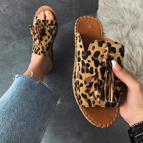 Lapolaka Flat Heel Flock Slides Leopard Muler Shoes Flat Heel Fringe Summer Sexy Comfortable Women Shoes Fashion Slippers