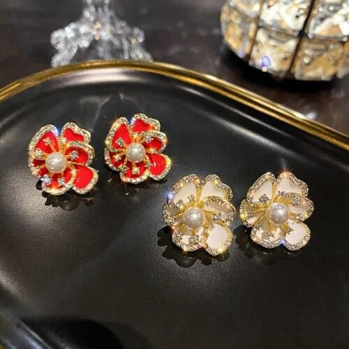 TIMEONLY Luxury Imitation Pearl Flower Shiny Crystal Stud Earring Red White Color Charms Earring for Women Girl Elegant Jewelry