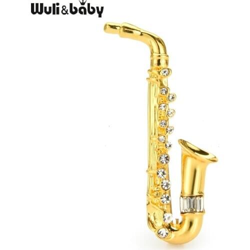 Wuli&baby 2-color Saxophone Brooches For Women Unisex Metal Rhinestone Instruments Music Lover Casual Brooches Gifts