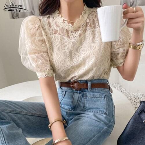 Korean Retro Court Temperament Lace Shirt Bubble Sleeve French Foreign Gas Top Women Summer Short Sleeves Sweet Blouses 14807