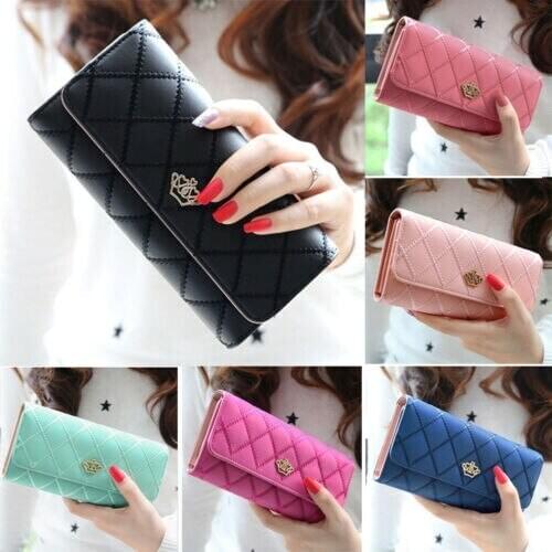 Women Lady Clutch Leather Bags Diamond Crown Trifold Wallet Long Card Holder Phone Bag Case Purse Handbag