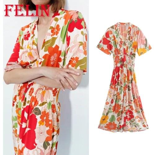 Za 2021 Women Chic Floral Print V Neck Vintage Long Party Dress Short Sleeve Summer A-Line Slim Dress Elegant Vestidos