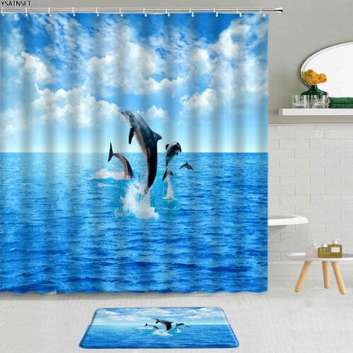 2Pcs Blue Ocean Animal Dolphins Shower Curtain Sunset Colorful Waves Bathroom Non-Slip Bath Mat Hanging Curtains Set Decoration