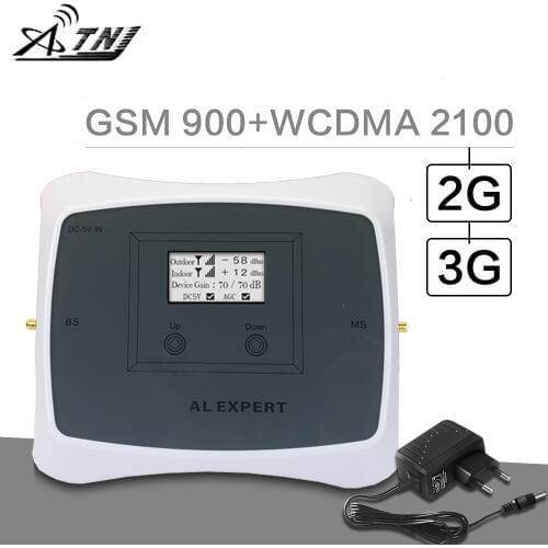 ATNJ 900 2100 Cellular Signal Booster GSM 900 3G WCDMA 2100 Dual Band Signal Repeater 70dB Gain Band 1 LCD Display 3G Amplifier