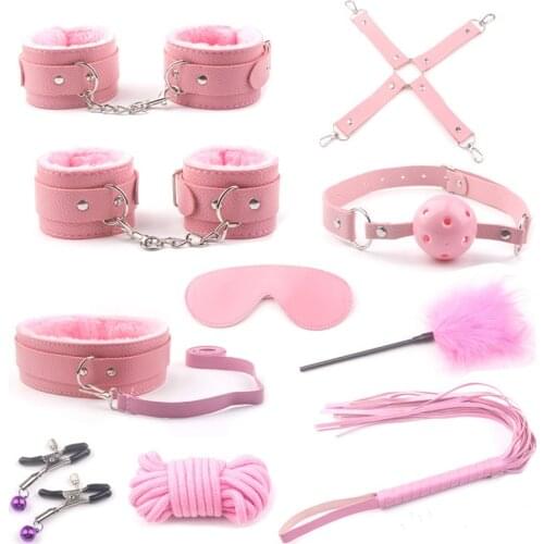 BDSM Leather Sex Bondage Set Sex Products for Adults Handcuffs Nipple Clamps Gag Whip Rope Sex Toys for Women Juguetes Sexules