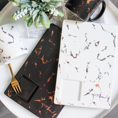 Big White And Black Modern Ceramic Plate With Gold Strip Nordic Home Porcelain Plate Can Put Cup Decorative Tableware Household