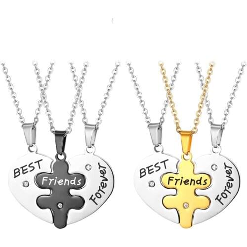 Boniskiss 3 pieces / set of Best Friends Forever Pendant Necklace Chain Friendship Heart Jewelry Necklace Gift For Women Girls