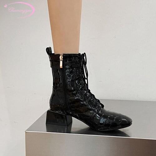 Nightclub style round toe paint ankle boots plaid serpentine lace-up buckle zipper medium with motorcycle boots womens shoes