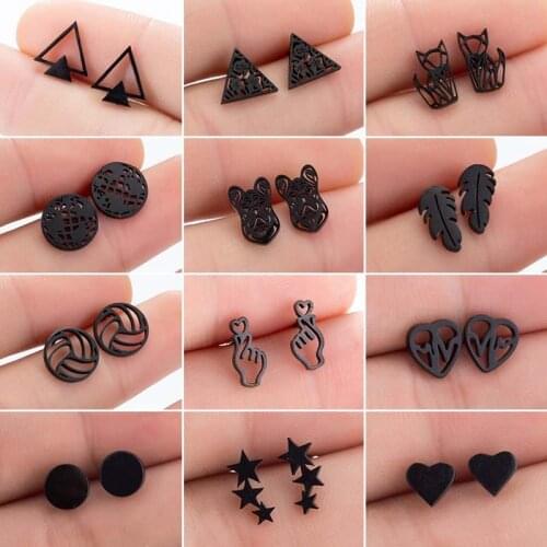 Mutiple Style Punk Black Earrings for Women Men Small Geometric Leaf Cat Dog Earring Heart Volleyball Jewelry Studs Jewelry 2021