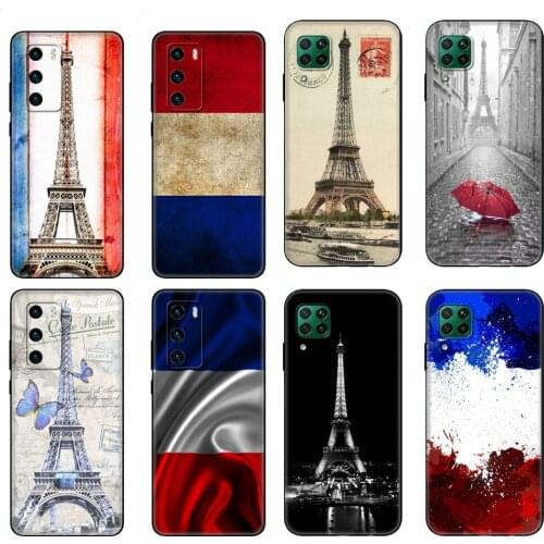 Black tpu Case For Huawei P30 Lite P30 Pro P40 Case For Huawei P40 LITE E P Smart 2020 Case Cover France Flag Paris Eiffel Tower
