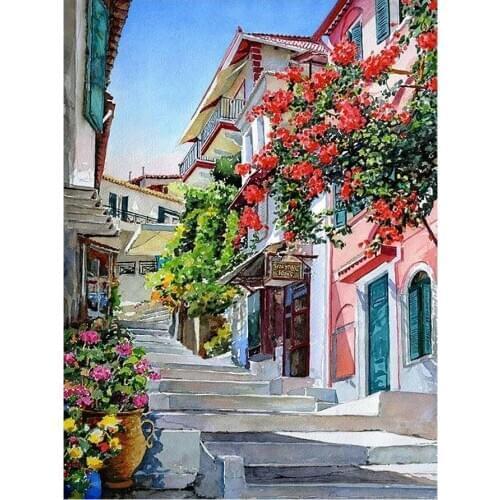 Flowers On A Town House Diamond Painting Scenic Round Full Drill Nouveaute DIY Mosaic Embroidery 5D Cross Stitch Home Decor Gift