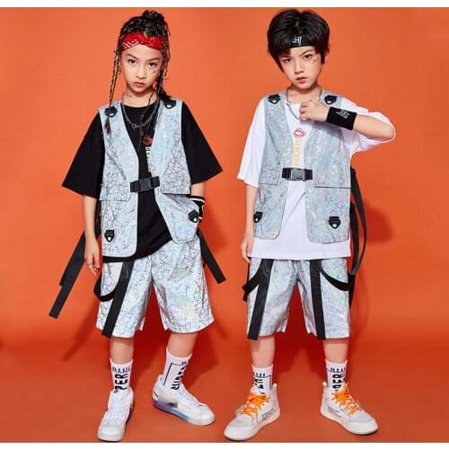Silver Hip Hop Dancewear Childern Rave Clothing Reflection Street Dance Clothes Kpop Performance Costume Festival Outfit DL8217