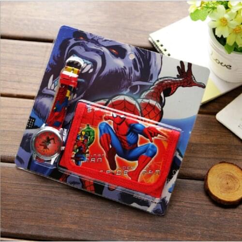 New Children Cartoon Wallet Watch Set Spiderman Mickey Minnie Watches Students Birthday Gifts Quartz Leather Clock