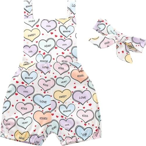 2021 Summer Kids Baby Girls Heart Printed 2Pcs Romper Set Sleeveless Backless Valentines Headband Clothes