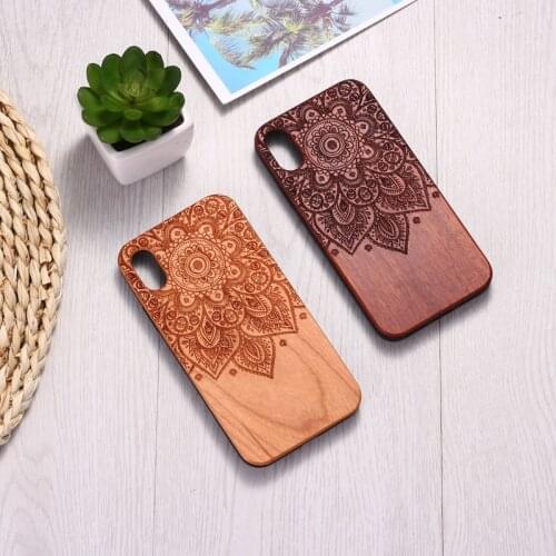 For iPhone 12 11 Pro Max XS X XR SE2 8 7 6S Plus Solid Wood Cherrywood Vintage Floral Engraved Back Cover Phone Case Shell Capa