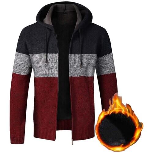 FALIZA Mens Sweater Coat Thick Warm Zipper Wool Hooded Cardigan Jumpers Male Striped Jackets Long Sleeve Casual Knitwear XY106