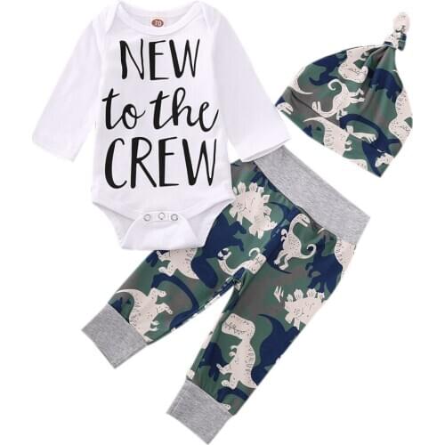 3Pcs Newborn Baby Outfits Long Sleeve O Neck Letter Print Romper Dinosaur Print Pants Hats Girls Boys Sets Baby Clothing 0-6M