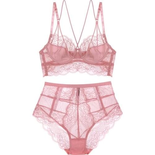 Classic Bandage Pink Bra Set Lingerie Push Up Brassiere Lace Underwear Set Sexy High-Waist Panties For Women underwear