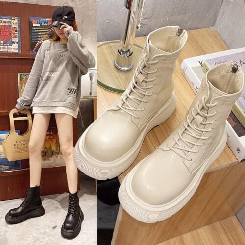 Leather Ankle Boots Women Boots Chelsea Plush Lining Warm Soft Sole Ladies Round Chunky Lace-up Winter Female Platform Shoes