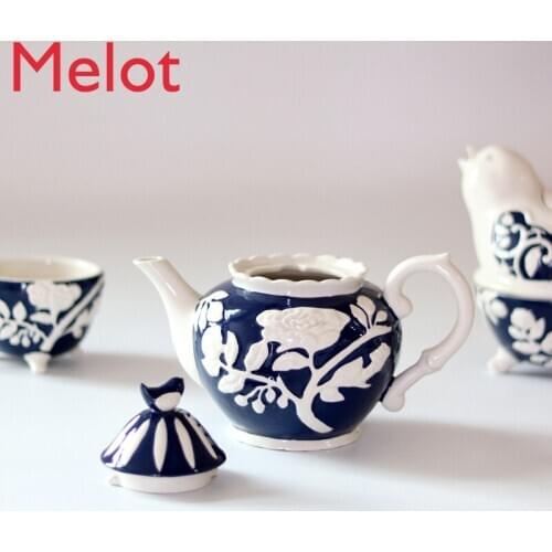 Creative Hand-Painted Carved Rose Tea Set Teapot Teacup Milk Pot Sucrier Seasoning Jar Series