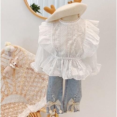 Sweet Girls Lace Shirt Ruffles Lace Long Sleeve Children Blouse for Girls Clothes Toddler Baby Pullovers Princess Costumes 1-7t