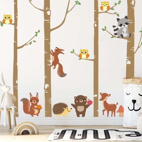 Woodland Nursery Decor Wall Decal Birch Trees Forest Animals Fox Deer Raccoon Owl Vinyl Stickers Neutral Boy Girl Baby Room