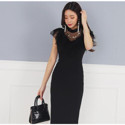 Summer Office Lady Sexy Party Vintage Bandage Bodycon Dress Black Mesh Patchwork Dresses Stand Collar Short Sleeve Women Dress