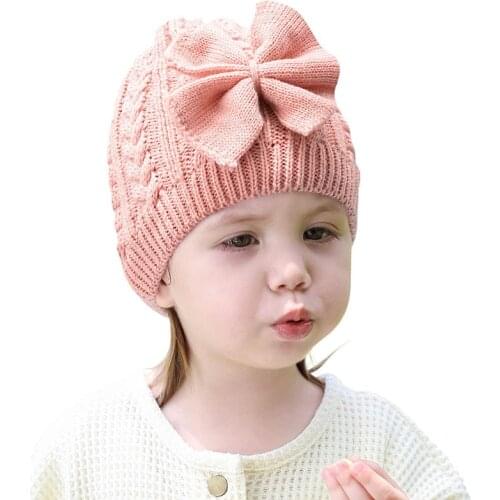 Sweet Solid Color Big Bowknot Baby Hat Turban Winter Warm Newborn Girls Knitted Cap Princess Thick Outdoor Infant Toddler Bonnet