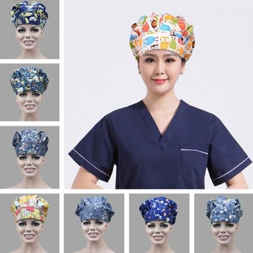 Bouffant Scrubs Hats Printed Cotton Breathable Adjustable Caps Sanitary Nursing Hats Anti-dust Washable Workwear Accessories