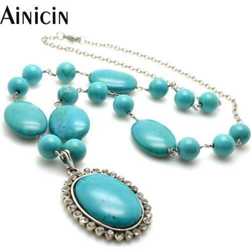 Natural Blue Green Stone Handmade Oval Shape Pendants With Stainless Steel Link Chain Necklace for Women Party Jewelry